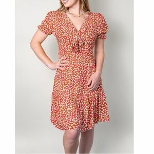One Size
Made in Italy red Floral front bow Short Sleeve mini Dress NWT